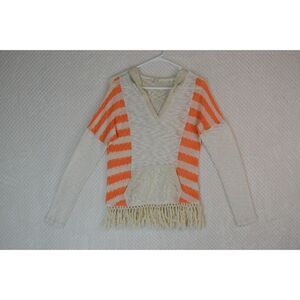 Miss Me Women's Small Orange Stripe Knit Fringe Hooded Top